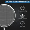 304 food-grade stainless steel strainer with features listed on a dark background
