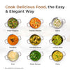 Assorted Indian dishes in pots with a promotional text about cooking delicious food.