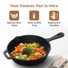 Black cast iron pan with cooked vegetables on a white background, featuring icons for natural non-stick, toxin & BPA free, and ergonomic handles.