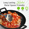 Black cast iron skillet with vegetables and a metal spoon, featuring text about the product's qualities.