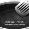 Black cookware with a metal spatula and text indicating metal spoon friendliness.