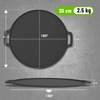 Black frying pan with measurements on a gray background