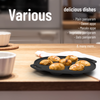 Black pan with baked items on a wooden surface, with text about various dishes.