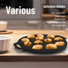 Black pan with round molds containing baked items on a wooden surface, with text about various dishes.
