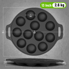 Black round baking pan with measurements on a gray background