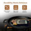 Cast iron skillet with food being cooked, featuring durability features on a gray background.