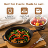 Cast iron skillet with vegetables on a wooden cutting board, surrounded by tomatoes and a towel, with text about product features.