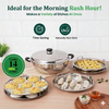 Cooking appliance with various dishes on a wooden surface, promoting time-saving and non-stick properties.