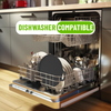 Dishwasher with open door showing loaded dishes and a 'Dishwasher Compatible' label.