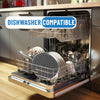 Dishwasher with open door showing clean dishes and a 'Dishwasher Compatible' label.