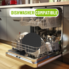 Dishwasher with open door showing clean dishes and a 'Dishwasher Compatible' label.