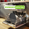 Dishwasher with dishes inside, labeled 'Dishwasher Compatible', in a kitchen setting.