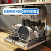 Dishwasher with dishes inside, labeled 'Dishwasher Compatible', in a kitchen setting.
