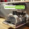 Dishwasher with dishes inside, labeled 'Dishwasher Compatible', in a kitchen setting.