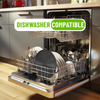 Dishwasher with open door showing loaded dishes and a 'Dishwasher Compatible' label.
