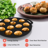 Fried food items on a black pan with green herbs and a plate of food in the background.