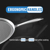 Frying pan with ergonomic handles on a black background, emphasizing comfort and safety during cooking.