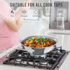 Frying pan with food on a stove, suitable for various cooktop types.