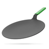 Gray frying pan with a green handle on a white background