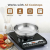 Induction cooktop with a frying pan on top, surrounded by cooking ingredients.