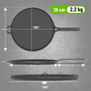 Measurement chart of a frying pan with dimensions and weight on a gray background