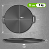 Measurement chart of a round black pan with dimensions on a gray background