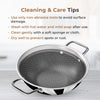 Metallic pan with cleaning and care tips on a white background