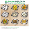 Multi-functional pot with various dishes prepared using it on a wooden surface.