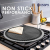 Non-stick cooking pan on a stove with tortilla, kitchen utensils in the background, and 'ESSPY' branding.