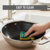 Person cleaning a frying pan with a sponge, labeled 'Easy to Clean'.