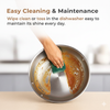 Person cleaning a rusty pan with a sponge, text about easy cleaning and maintenance.