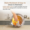 Person cleaning a stained pot with a sponge, text about stain-resistance and ease of cleaning.