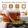 Person cooking vegetables in a frying pan on a stove with compatibility icons for induction, gas, ceramic, and electric stoves.