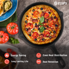 Pizza in a cast iron skillet with tomatoes and olives on a gray surface, featuring the Esspy brand.