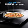 Pizza on a crepe pan with horizontal steel surface on an induction cooktop