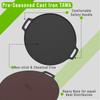 Pre-seasoned cast iron tawa with features highlighted on a gray background