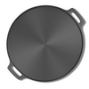 Round black frying pan with two handles on a white background