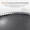 Close-up of SafeHEX Honey-Comb Technology design on a cookware surface with text about healthier cooking.