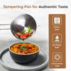Serving pan with food over a bowl of soup, featuring safety icons and text on a neutral background.