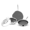 Set of three frying pans with lids on a white background