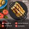 Skewered vegetables on a grill pan with tomatoes and guacamole, featuring the Esspy brand.