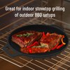 Skillet with grilled meat and vegetables on a stovetop, with text about indoor stovetop grilling.