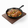 Skillet with roasted Parotha and vegetables on a wooden cutting board