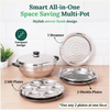 Smart all-in-one multi-pot with various compartments on a wooden surface.