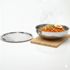 Stainless steel bowl with noodles and a lid on a white background