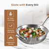 Stainless steel frying pan with colorful vegetables on a marble surface, featuring text about the pan's features.