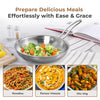 Stainless steel frying pan with cooked vegetables on a table, surrounded by images of prepared meals.