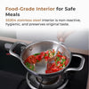 Stainless steel frying pan with food on a stove, highlighting food-grade interior.