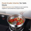 Stainless steel frying pan with food on a stove, emphasizing food-grade interior safety.