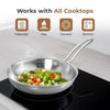Stainless steel frying pan with vegetables on a cooktop, featuring icons for induction, gas, ceramic, and electric cooktops.